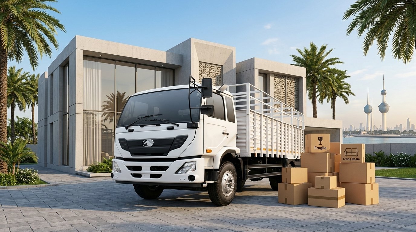 Ahammed Shifting Services equipped moving truck outside a luxury Kuwait villa with Kuwait Towers in background